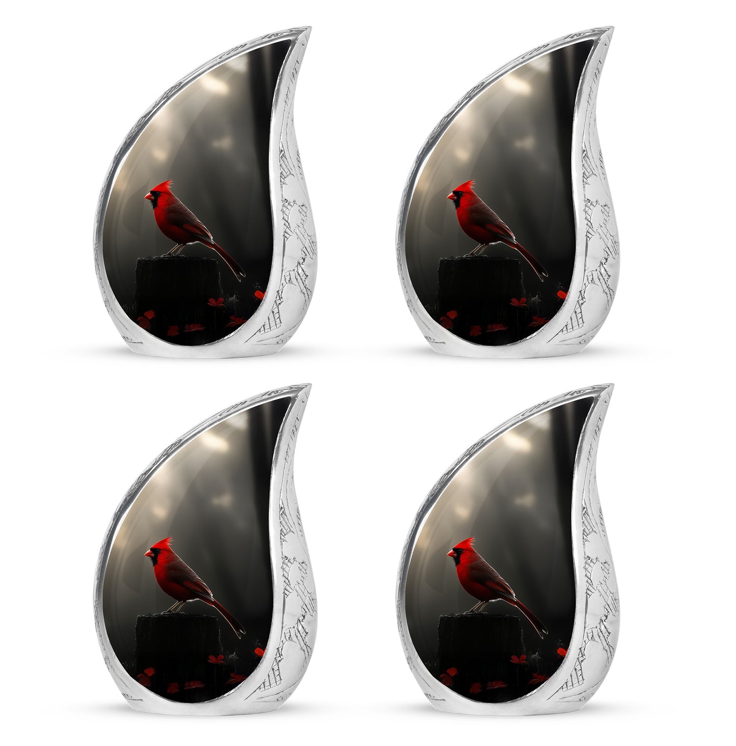 Dark Black Cardinal Cremation Urn close-up of engraving and surface detail - graceful tear-shaped urn with cardinal motif - 10 inch aluminum urn for cremated remains