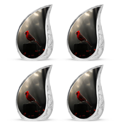 Dark Black Cardinal Cremation Urn close-up of engraving and surface detail - graceful tear-shaped urn with cardinal motif - 10 inch aluminum urn for cremated remains