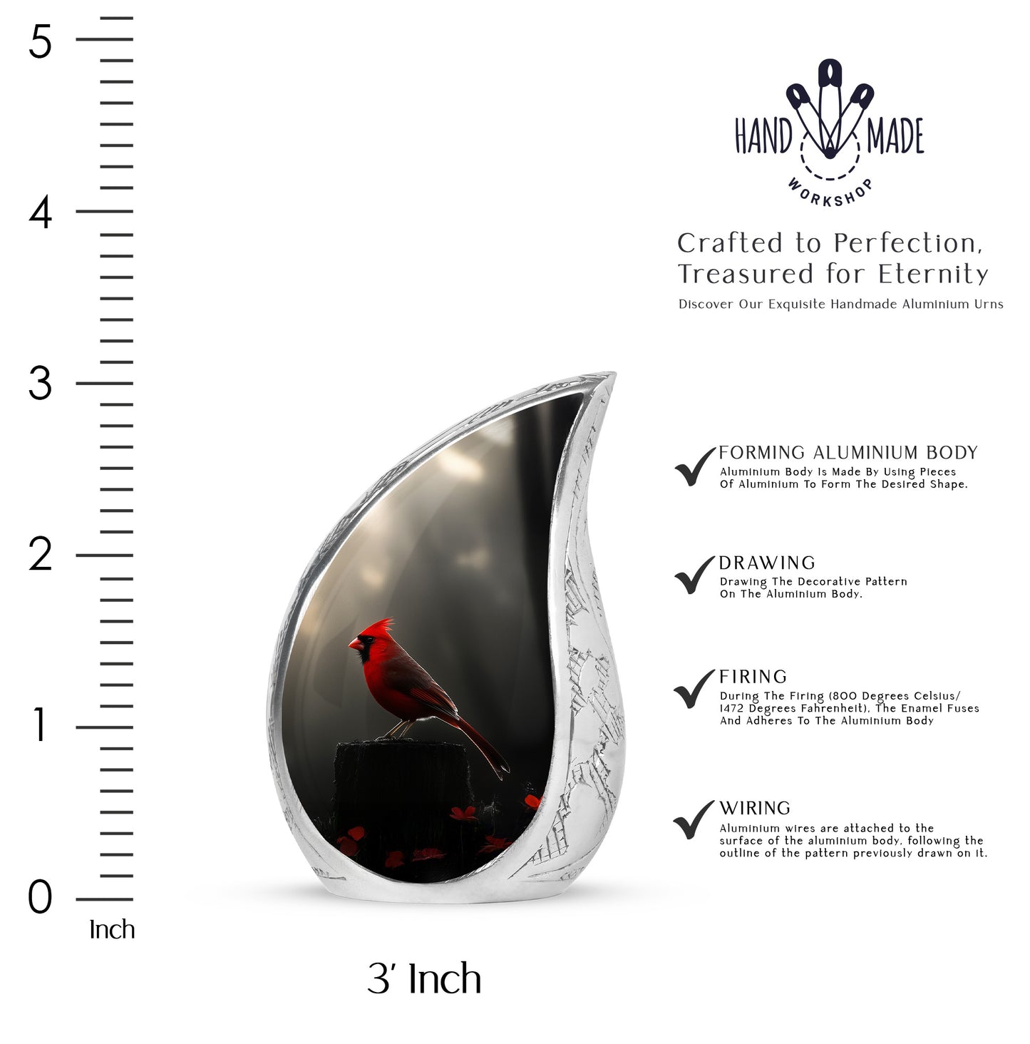 Ebony Cardinal Cremation Urn angled view of lid and engraved motif - rounded teardrop cardinal design with delicate detail - mini keepsake memorial for portion of cremation ashes