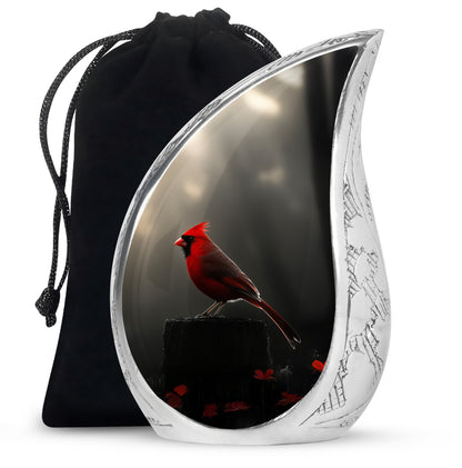 Glossy Black Cardinal Cremation Urn front view showing detailed design - flowing teardrop cardinal silhouette on curved aluminum - full-size 10 inch 200 cubic inch adult cremation urn