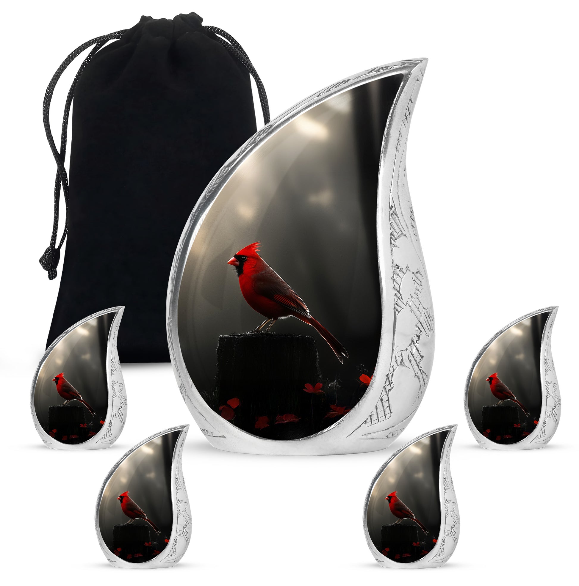 Jet Black Cardinal Cremation Urn side profile showing urn shape - flowing teardrop cardinal silhouette on curved aluminum - memorial set with one large and four small urns
