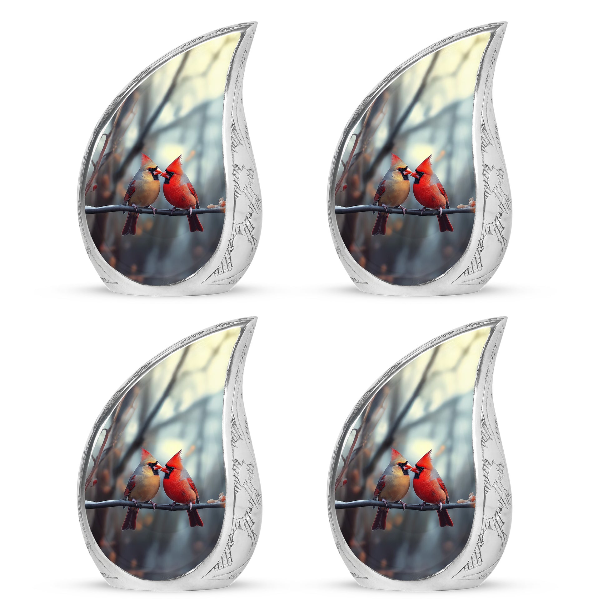 Pewter Gray Cardinal Cremation Urn close-up of engraving and surface detail - flowing teardrop cardinal silhouette on curved aluminum - 10 inch aluminum urn for cremated remains