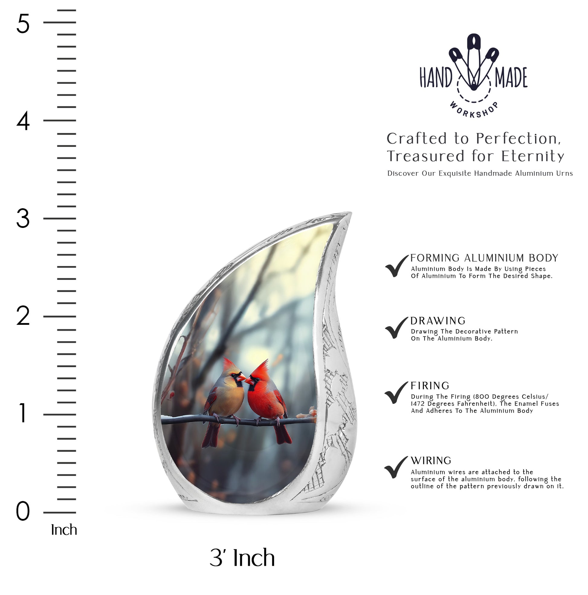 Mist Gray Cardinal Cremation Urn angled view of lid and engraved motif - flowing teardrop cardinal silhouette on curved aluminum - mini keepsake memorial for portion of cremation ashes