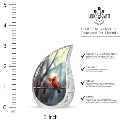 Mist Gray Cardinal Cremation Urn angled view of lid and engraved motif - flowing teardrop cardinal silhouette on curved aluminum - mini keepsake memorial for portion of cremation ashes