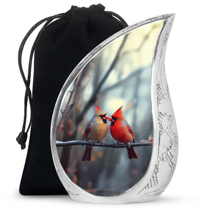 Ash Gray Cardinal Cremation Urn front view showing detailed design - smooth teardrop contour featuring cardinal art - full-size 10 inch 200 cubic inch adult cremation urn