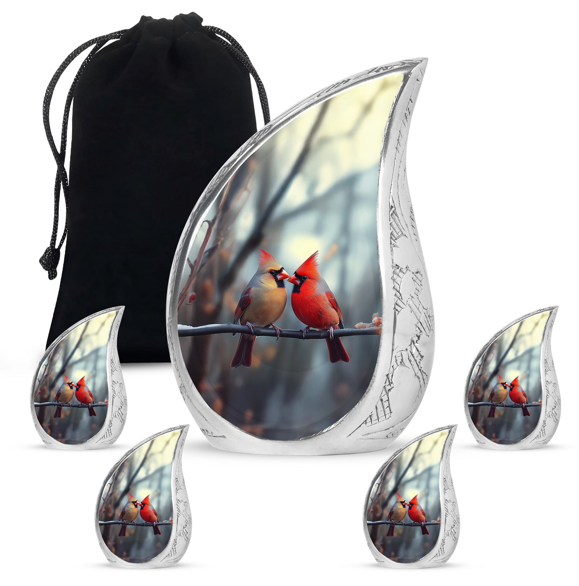 Pewter Gray Cardinal Cremation Urn side profile showing urn shape - rounded teardrop cardinal design with delicate detail - memorial set with one large and four small urns