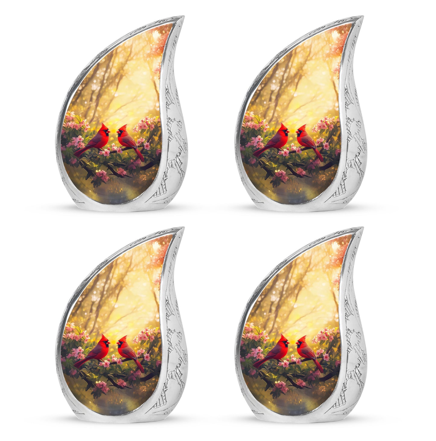 Gilded Gold Cardinal Cremation Urn close-up of engraving and surface detail - rounded teardrop cardinal design with delicate detail - 10 inch aluminum urn for cremated remains