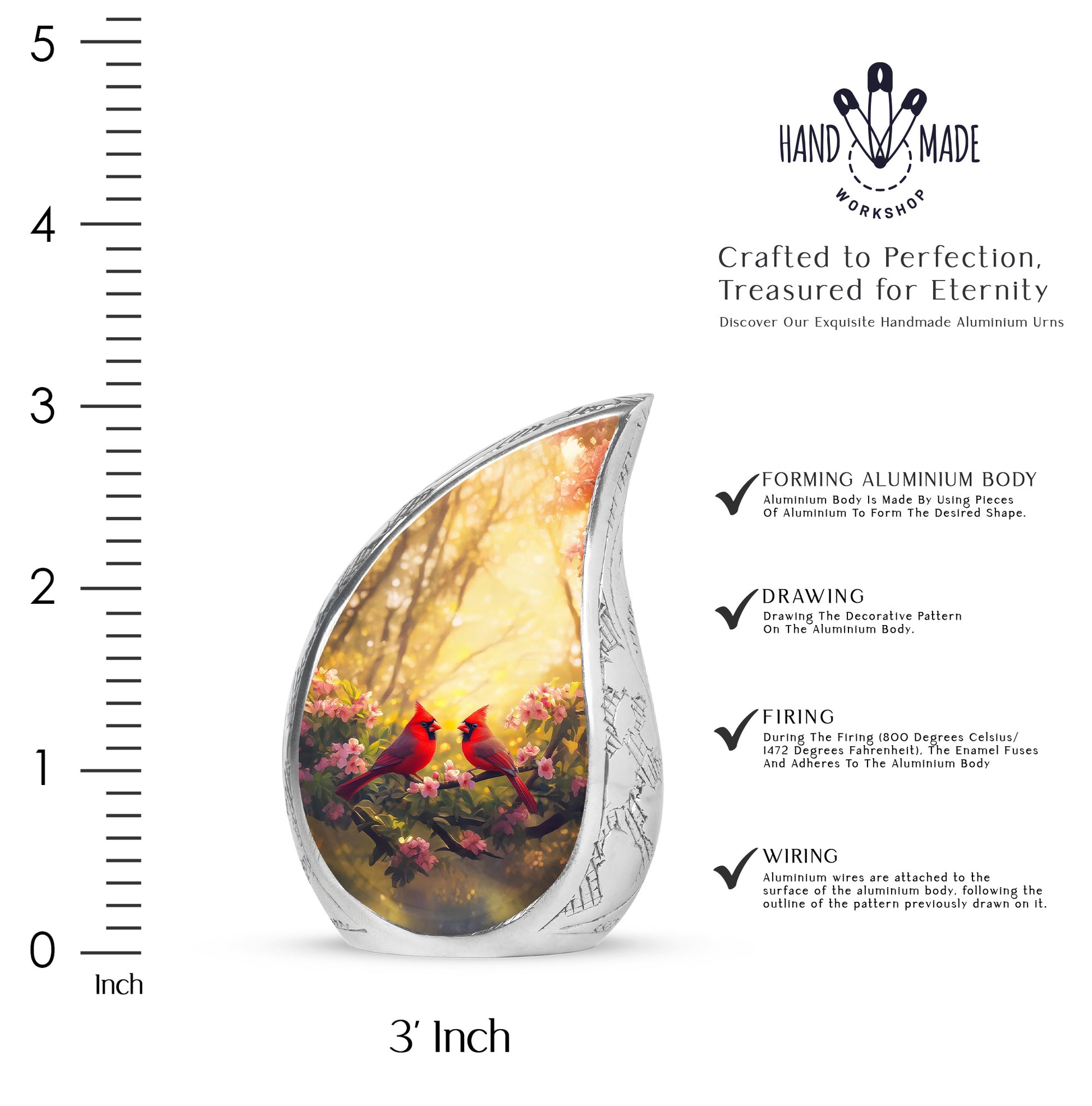 Warm Gold Cardinal Cremation Urn angled view of lid and engraved motif - smooth teardrop contour featuring cardinal art - mini keepsake memorial for portion of cremation ashes