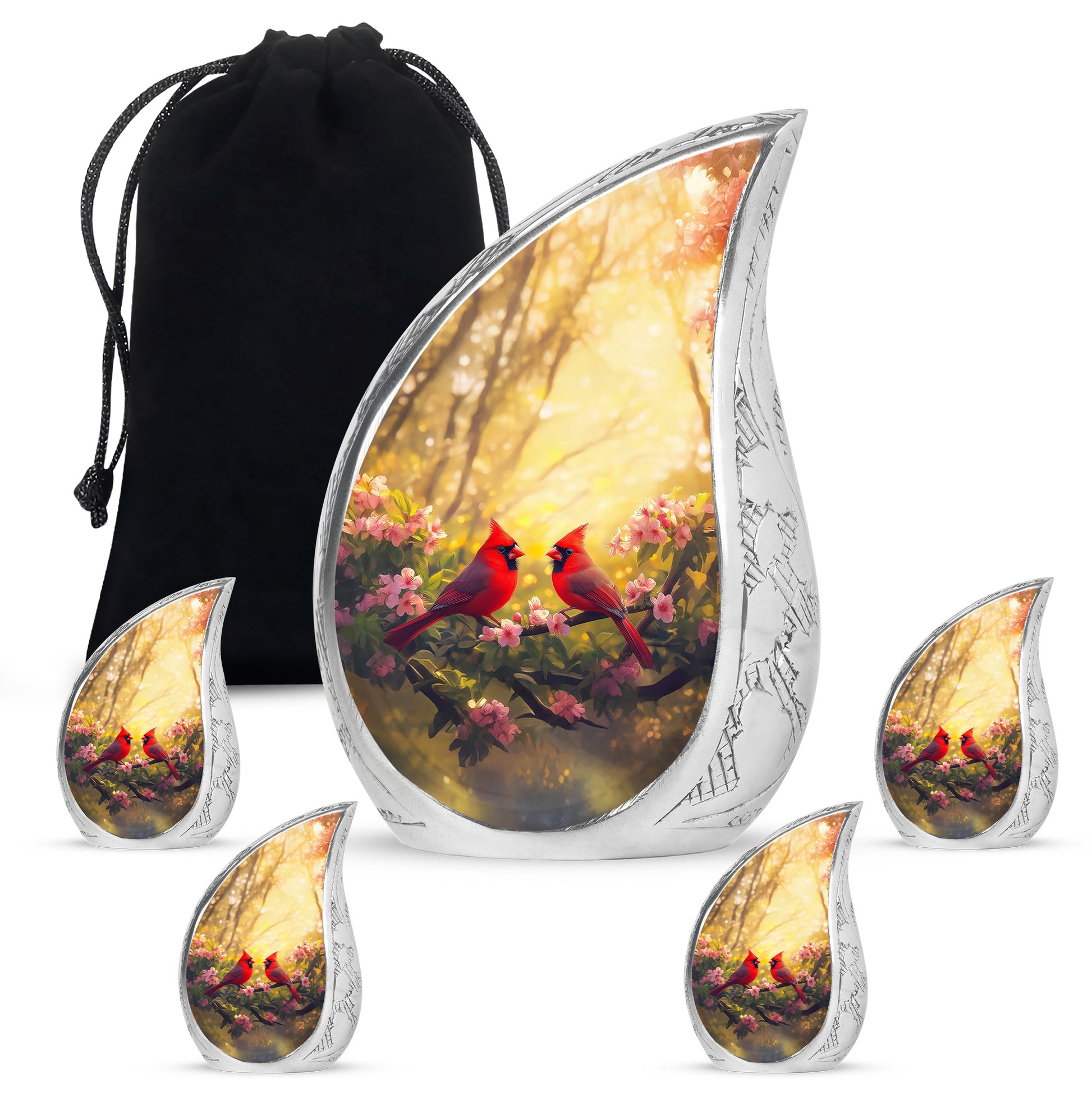 Royal Gold Cardinal Cremation Urn side profile showing urn shape - graceful tear-shaped urn with cardinal motif - memorial set with one large and four small urns
