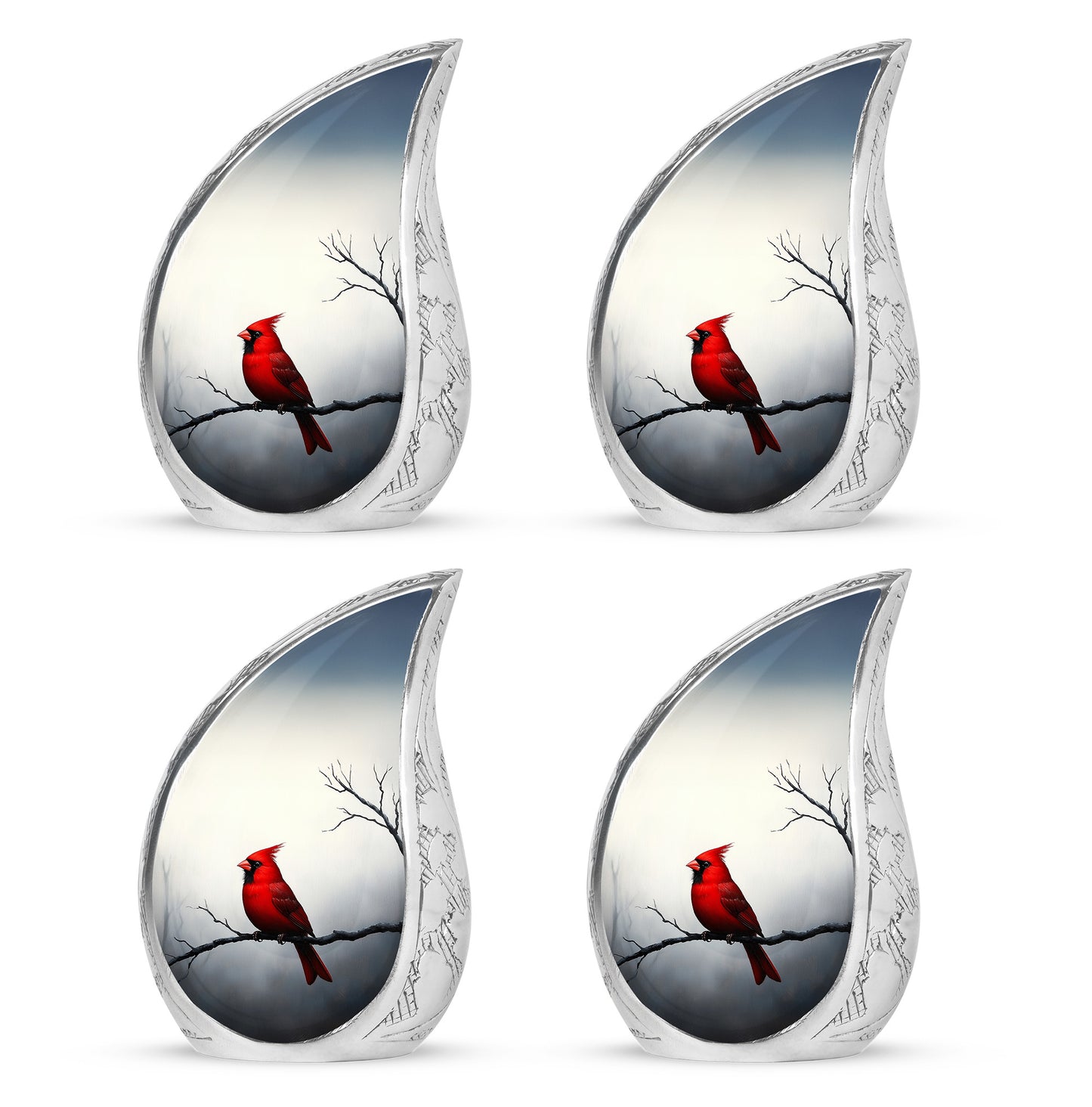Antique Silver Cardinal Cremation Urn close-up of engraving and surface detail - smooth teardrop contour featuring cardinal art - 10 inch aluminum urn for cremated remains