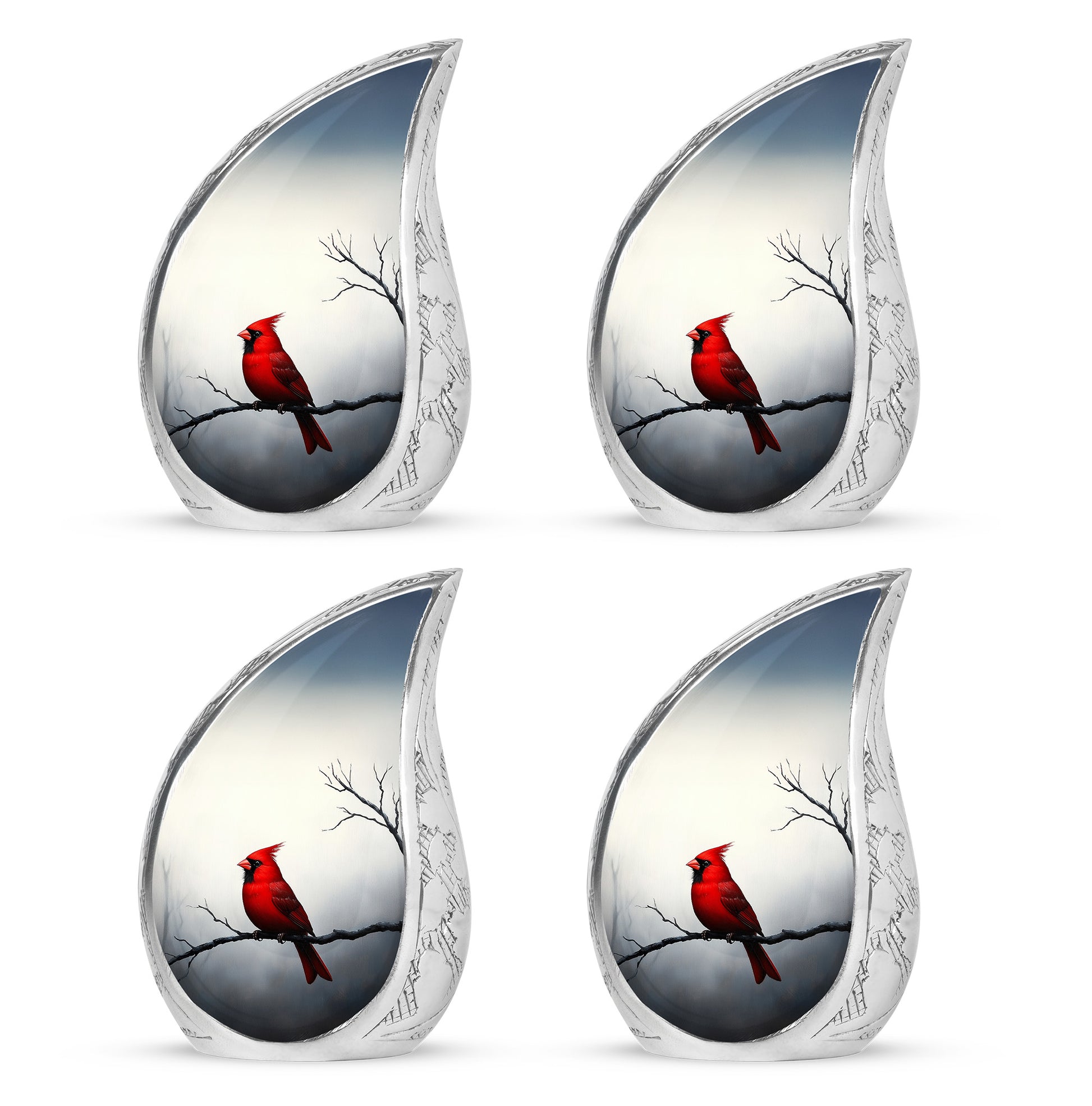 Antique Silver Cardinal Cremation Urn close-up of engraving and surface detail - smooth teardrop contour featuring cardinal art - 10 inch aluminum urn for cremated remains