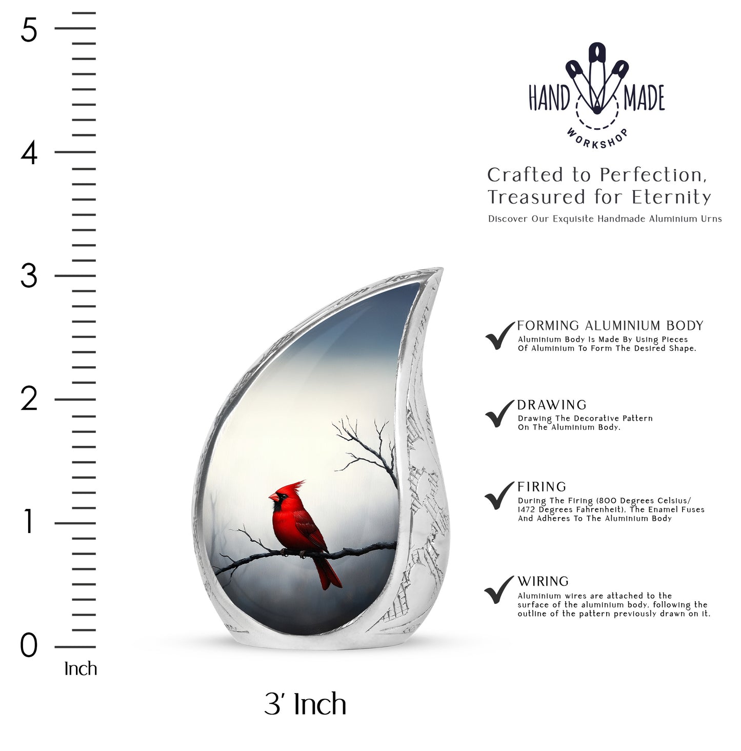Frosted Silver Cardinal Cremation Urn angled view of lid and engraved motif - smooth teardrop contour featuring cardinal art - mini keepsake memorial for portion of cremation ashes