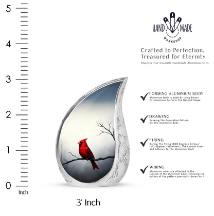 Frosted Silver Cardinal Cremation Urn angled view of lid and engraved motif - smooth teardrop contour featuring cardinal art - mini keepsake memorial for portion of cremation ashes