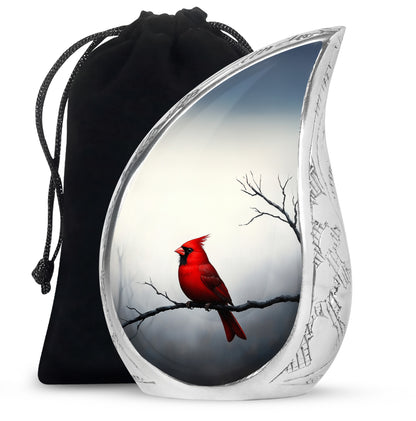 Moonlight Silver Cardinal Cremation Urn front view showing detailed design - smooth teardrop contour featuring cardinal art - full-size 10 inch 200 cubic inch adult cremation urn