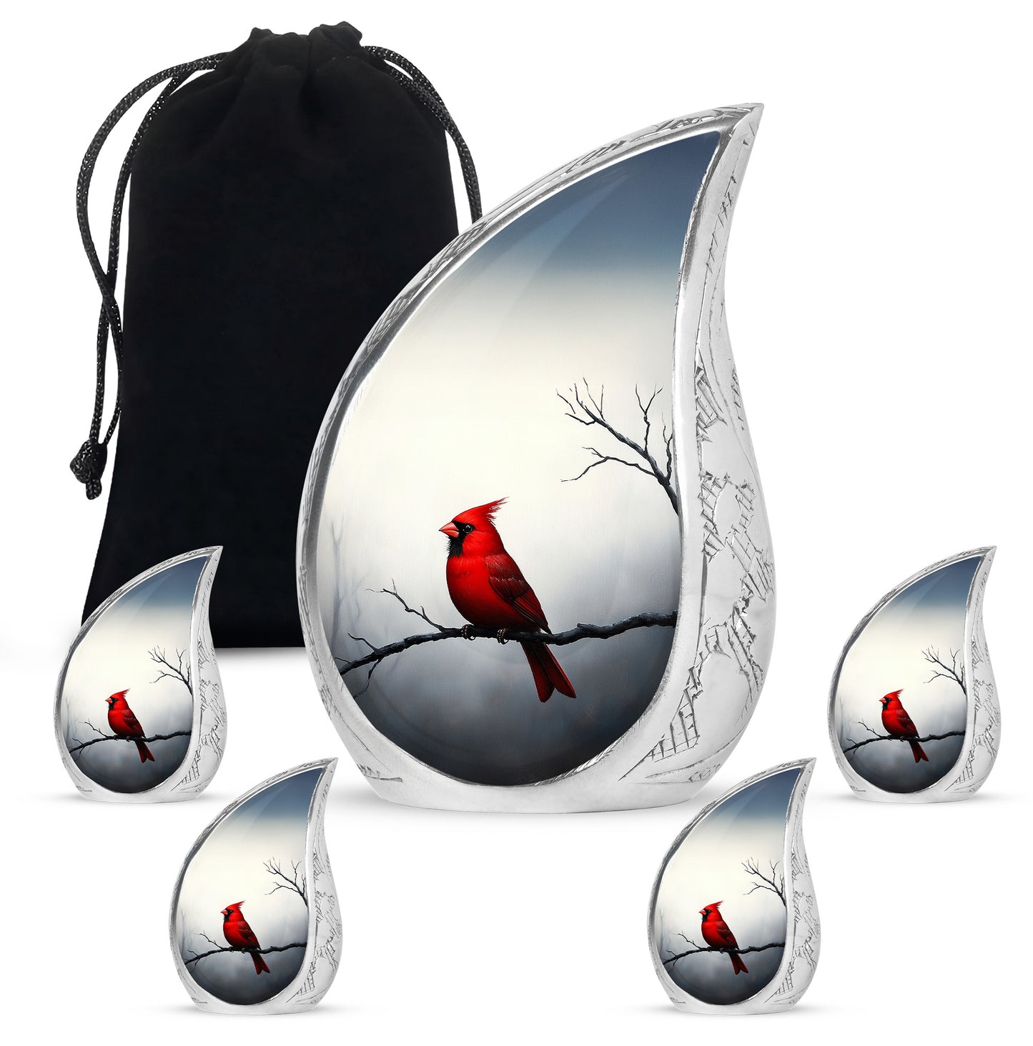 Frosted Silver Cardinal Cremation Urn side profile showing urn shape - smooth teardrop contour featuring cardinal art - memorial set with one large and four small urns