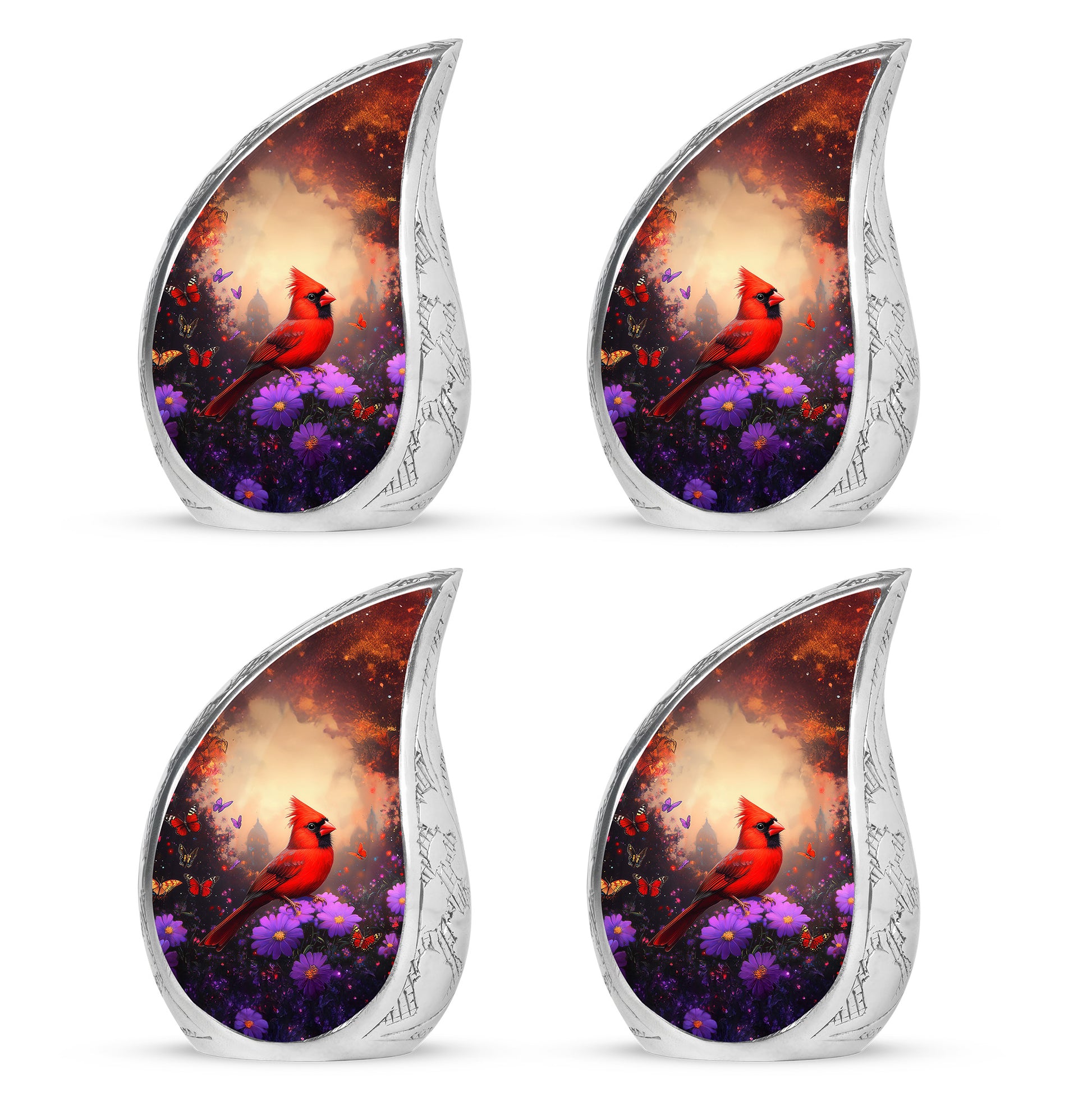 Glossy Black Cardinal Cremation Urn close-up of engraving and surface detail - flowing teardrop cardinal silhouette on curved aluminum - 10 inch aluminum urn for cremated remains