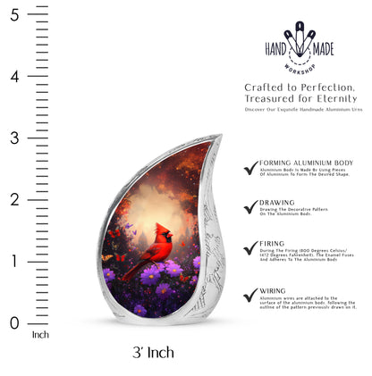 Deep Black Cardinal Cremation Urn angled view of lid and engraved motif - flowing teardrop cardinal silhouette on curved aluminum - mini keepsake memorial for portion of cremation ashes