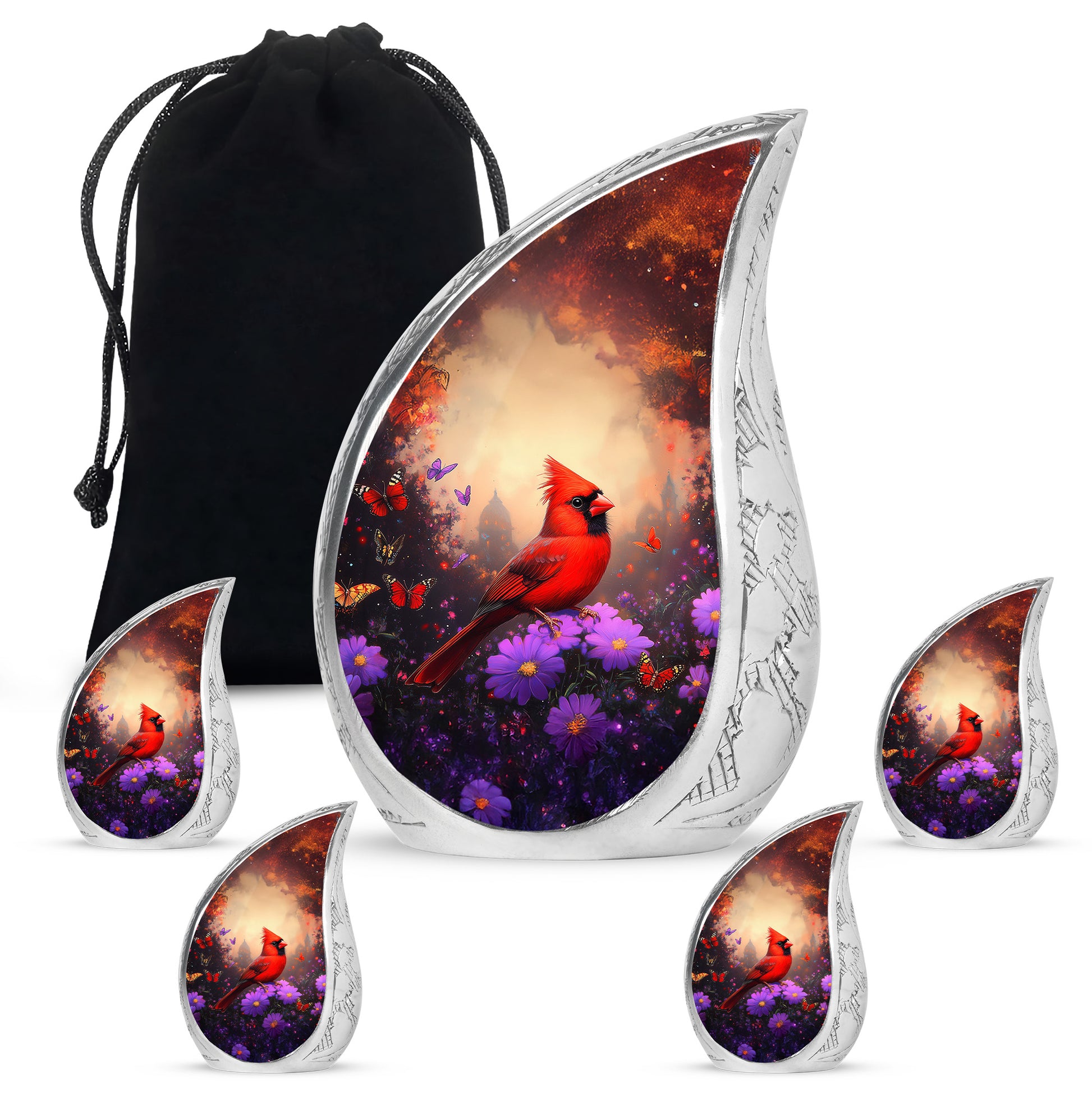 Deep Black Cardinal Cremation Urn side profile showing urn shape - flowing teardrop cardinal silhouette on curved aluminum - memorial set with one large and four small urns