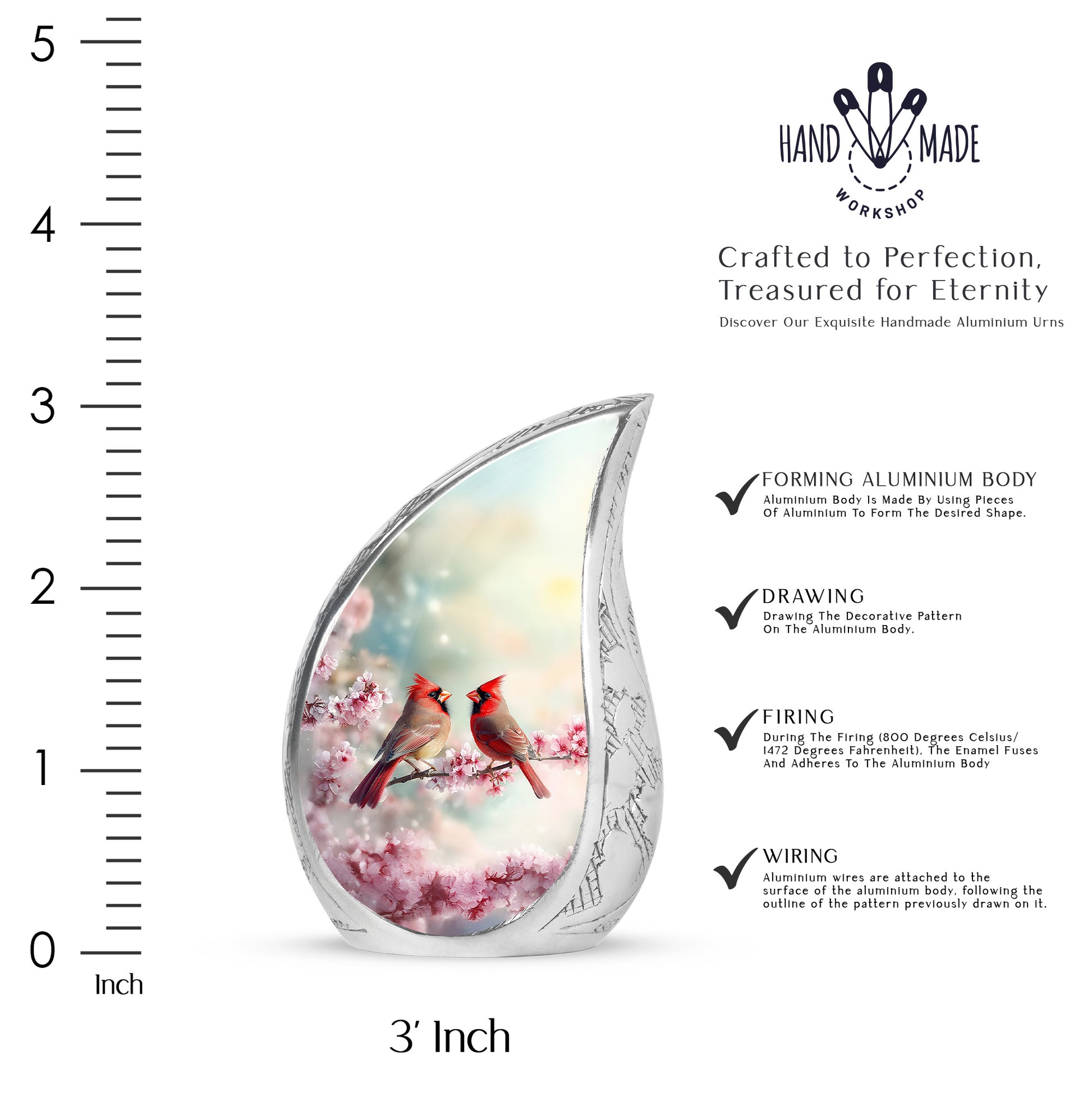 Deep Teal Cardinal Cremation Urn angled view of lid and engraved motif - graceful tear-shaped urn with cardinal motif - mini keepsake memorial for portion of cremation ashes