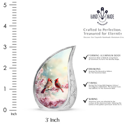 Deep Teal Cardinal Cremation Urn angled view of lid and engraved motif - graceful tear-shaped urn with cardinal motif - mini keepsake memorial for portion of cremation ashes