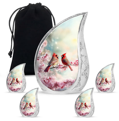 Mystic Teal Cardinal Cremation Urn side profile showing urn shape - smooth teardrop contour featuring cardinal art - memorial set with one large and four small urns
