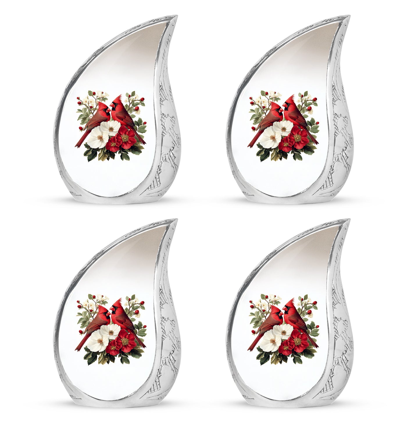 Polished Silver Cardinal Cremation Urn close-up of engraving and surface detail - graceful tear-shaped urn with cardinal motif - 10 inch aluminum urn for cremated remains