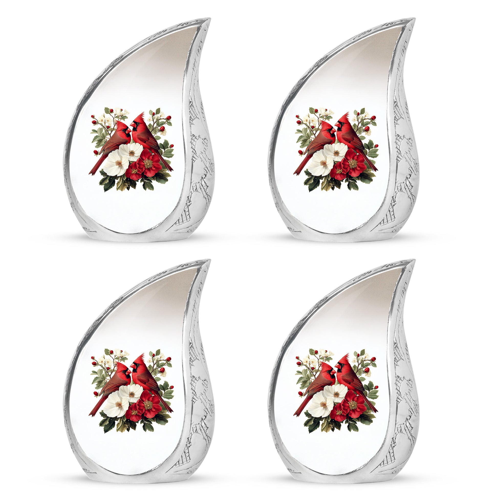 Polished Silver Cardinal Cremation Urn close-up of engraving and surface detail - graceful tear-shaped urn with cardinal motif - 10 inch aluminum urn for cremated remains