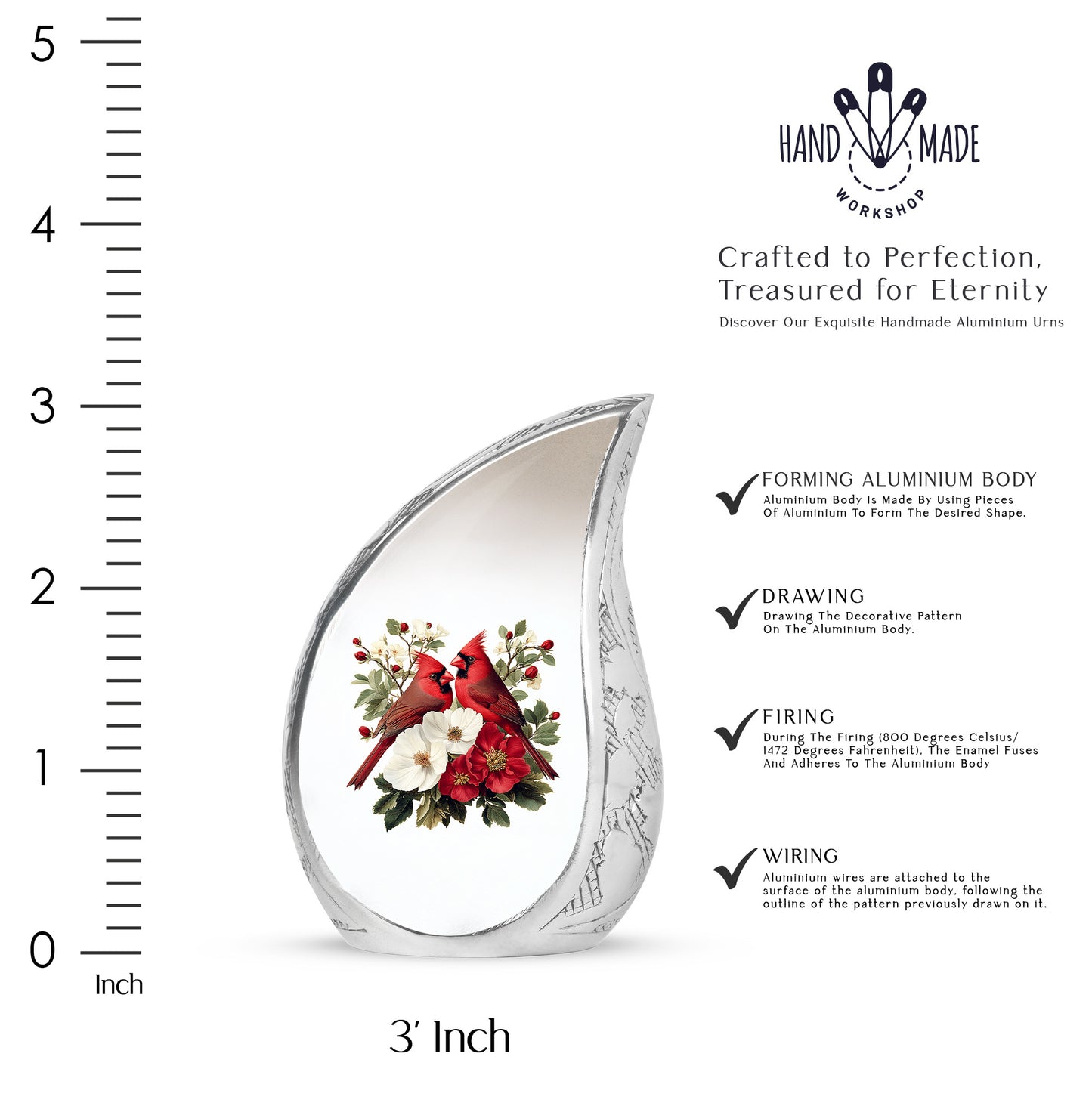 Polished Silver Cardinal Cremation Urn angled view of lid and engraved motif - graceful tear-shaped urn with cardinal motif - mini keepsake memorial for portion of cremation ashes