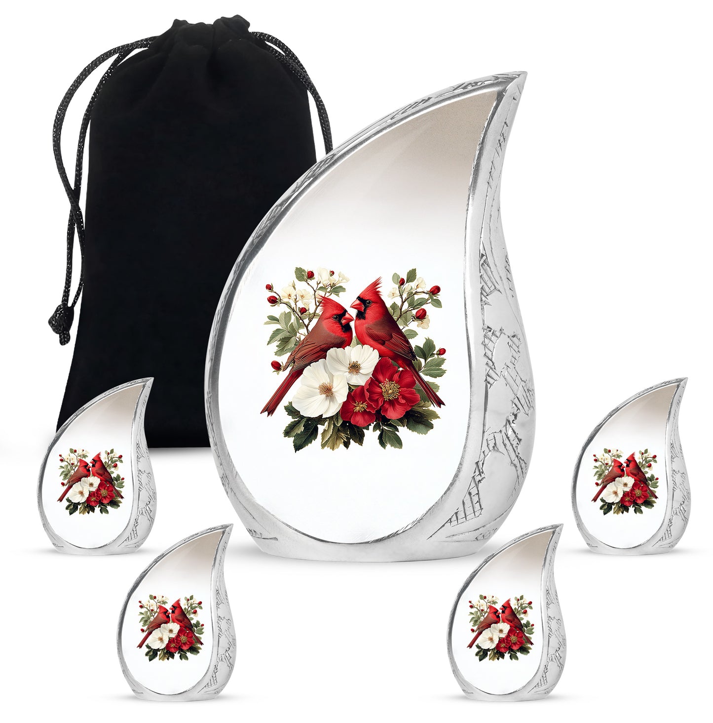 Satin Silver Cardinal Cremation Urn side profile showing urn shape - flowing teardrop cardinal silhouette on curved aluminum - memorial set with one large and four small urns