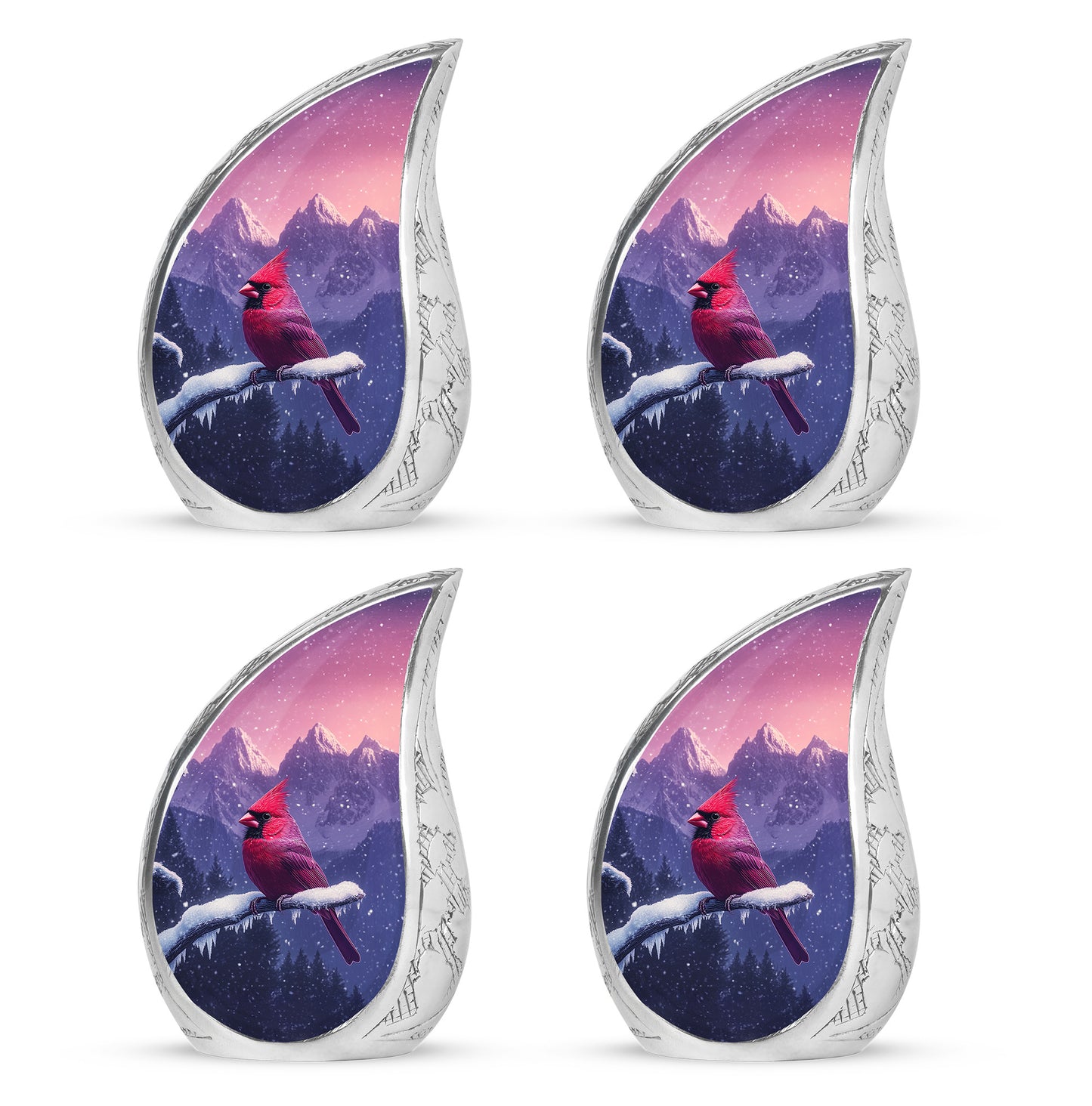 Rose Pink Cardinal Cremation Urn close-up of engraving and surface detail - flowing teardrop cardinal silhouette on curved aluminum - 10 inch aluminum urn for cremated remains