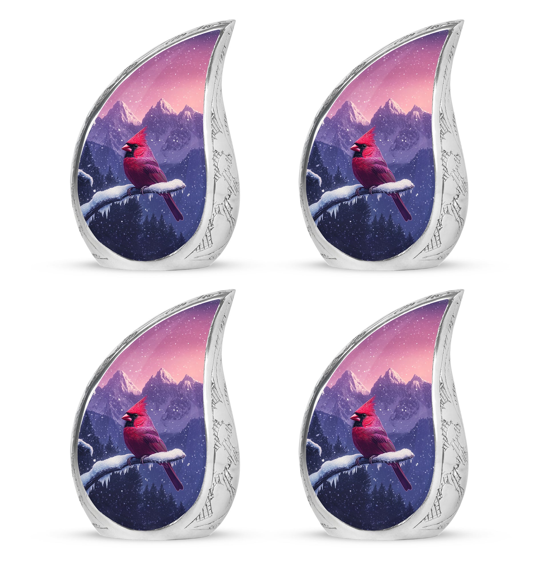 Rose Pink Cardinal Cremation Urn close-up of engraving and surface detail - flowing teardrop cardinal silhouette on curved aluminum - 10 inch aluminum urn for cremated remains