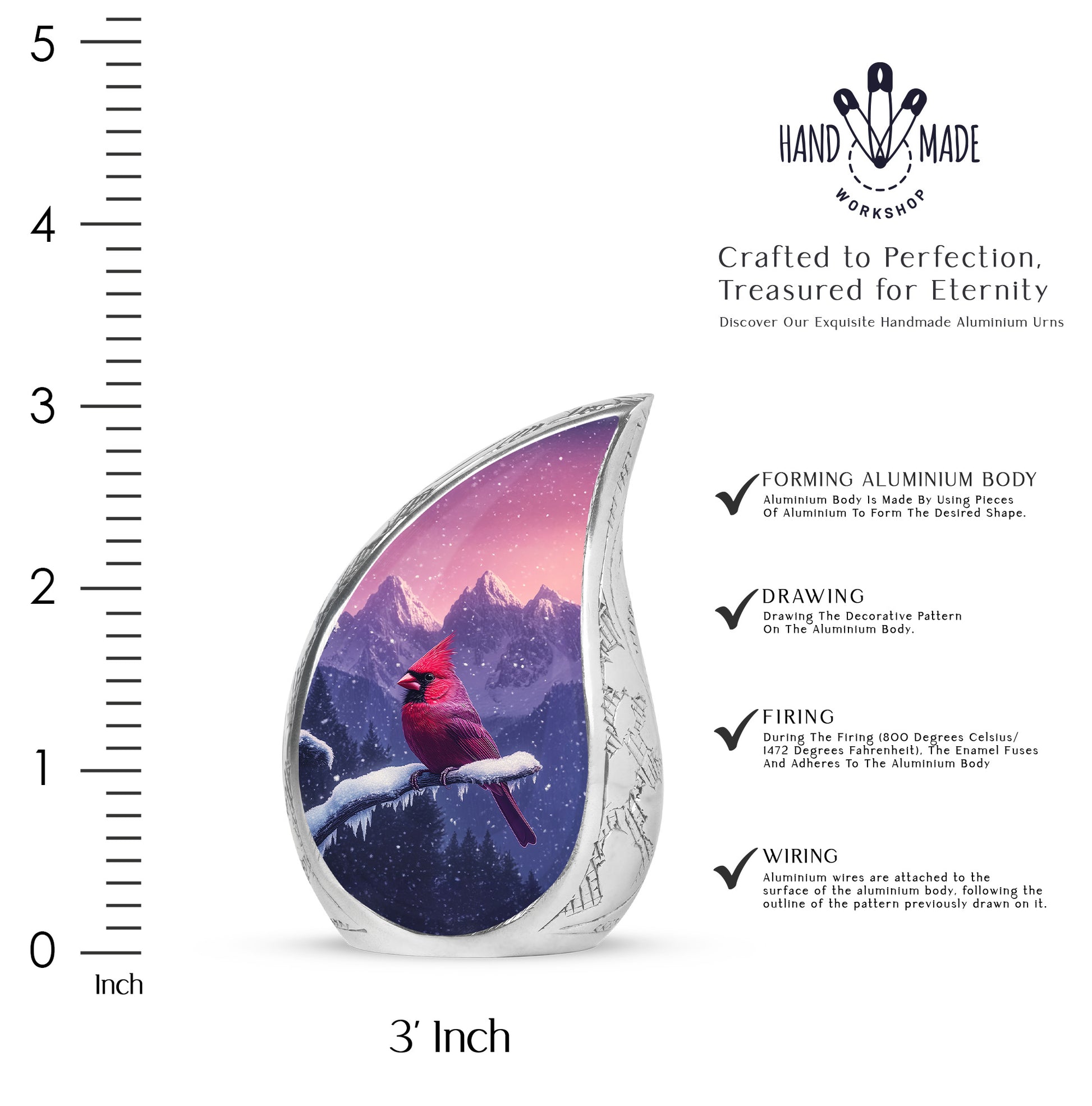Soft Pink Cardinal Cremation Urn angled view of lid and engraved motif - smooth teardrop contour featuring cardinal art - mini keepsake memorial for portion of cremation ashes