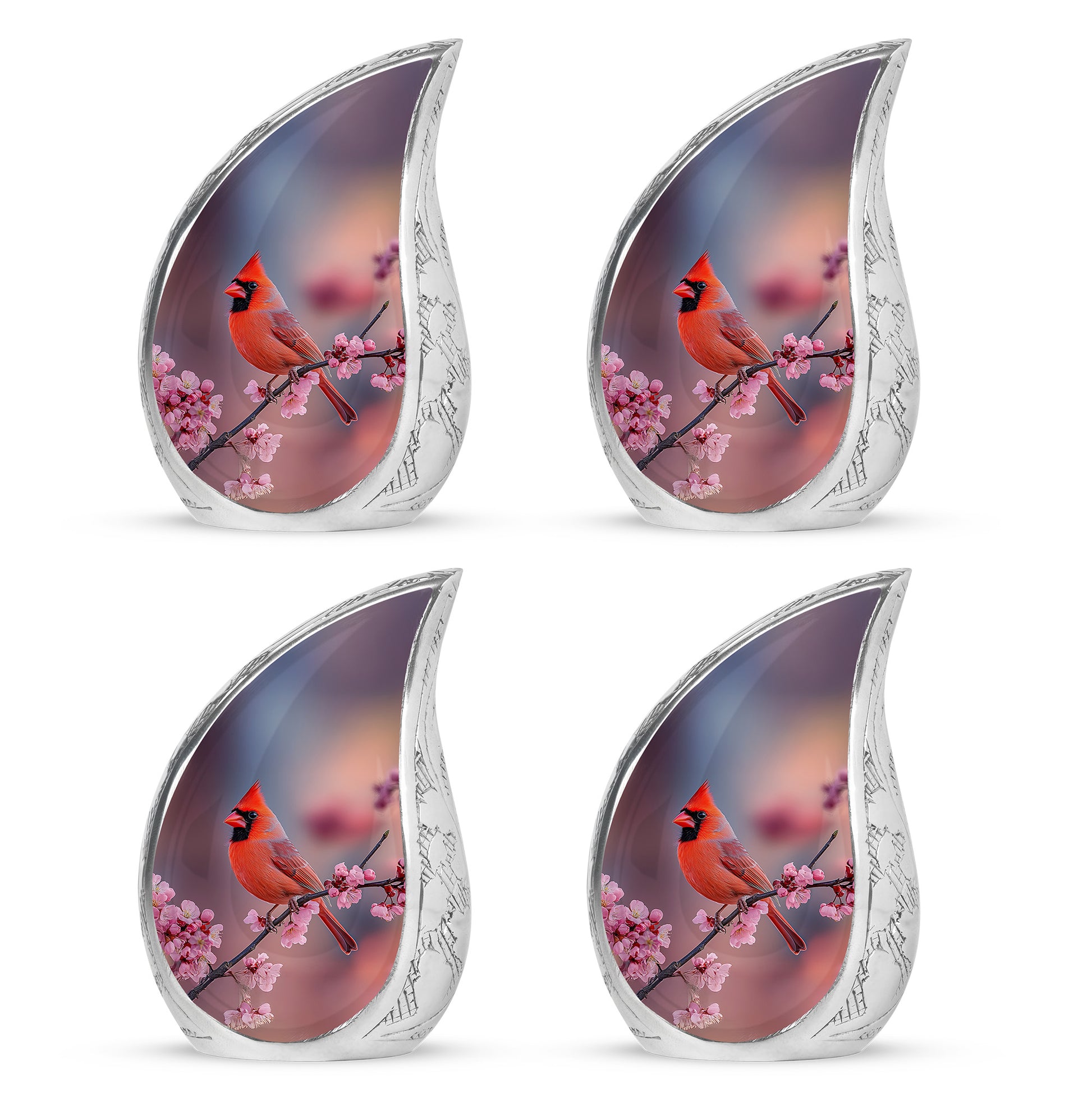 Peony Pink Cardinal Cremation Urn close-up of engraving and surface detail - flowing teardrop cardinal silhouette on curved aluminum - 10 inch aluminum urn for cremated remains