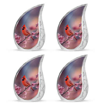 Peony Pink Cardinal Cremation Urn close-up of engraving and surface detail - flowing teardrop cardinal silhouette on curved aluminum - 10 inch aluminum urn for cremated remains