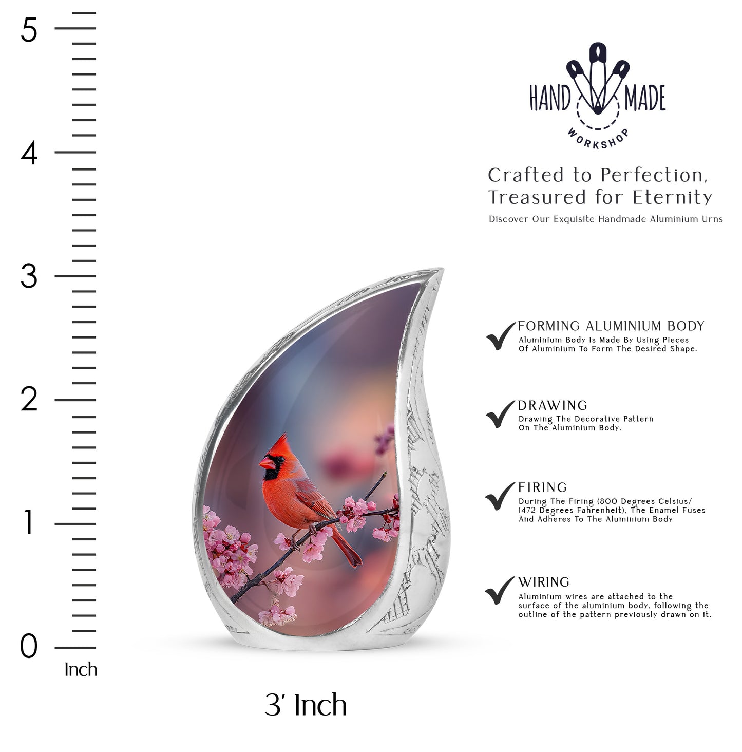Petal Pink Cardinal Cremation Urn angled view of lid and engraved motif - graceful tear-shaped urn with cardinal motif - mini keepsake memorial for portion of cremation ashes