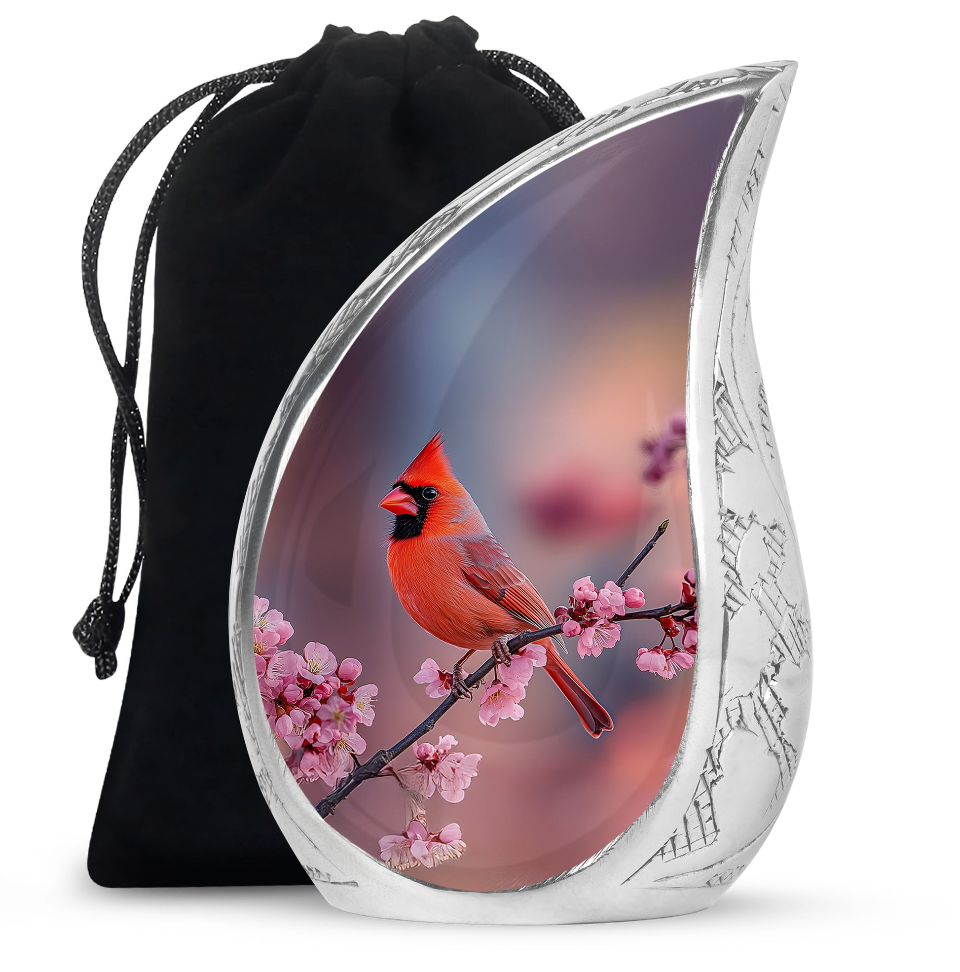 Rose Pink Cardinal Cremation Urn front view showing detailed design - flowing teardrop cardinal silhouette on curved aluminum - full-size 10 inch 200 cubic inch adult cremation urn