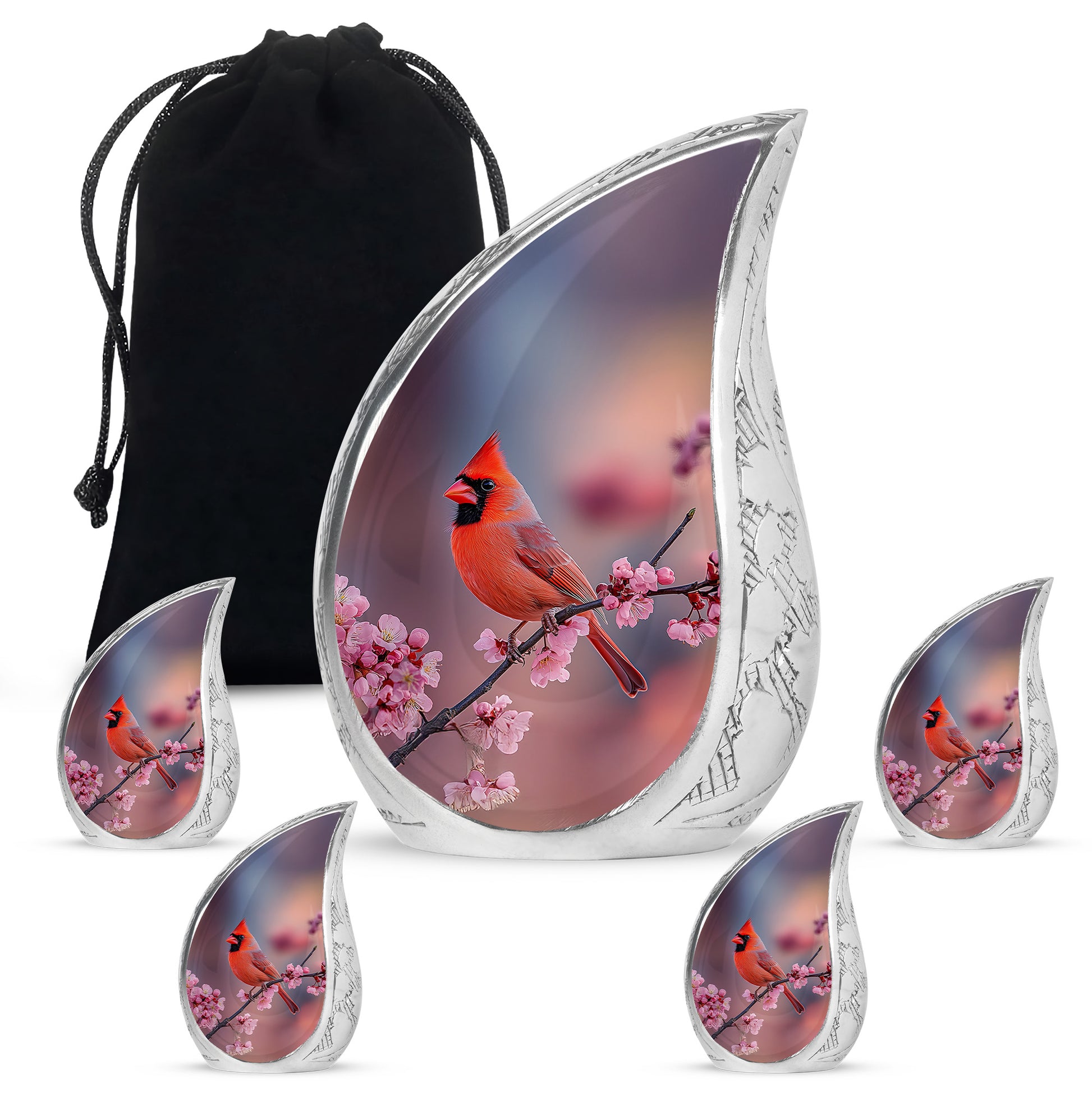 Peony Pink Cardinal Cremation Urn side profile showing urn shape - flowing teardrop cardinal silhouette on curved aluminum - memorial set with one large and four small urns