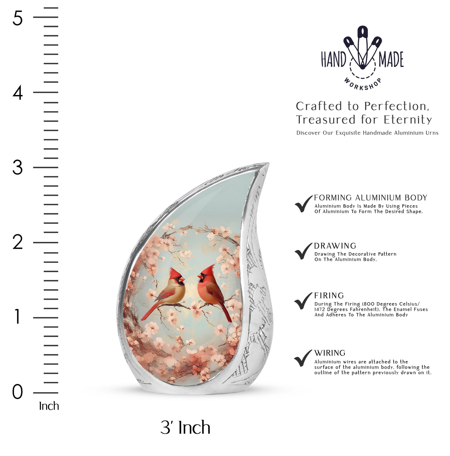 Charcoal Gray Cardinal Cremation Urn angled view of lid and engraved motif - rounded teardrop cardinal design with delicate detail - mini keepsake memorial for portion of cremation ashes