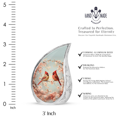 Charcoal Gray Cardinal Cremation Urn angled view of lid and engraved motif - rounded teardrop cardinal design with delicate detail - mini keepsake memorial for portion of cremation ashes