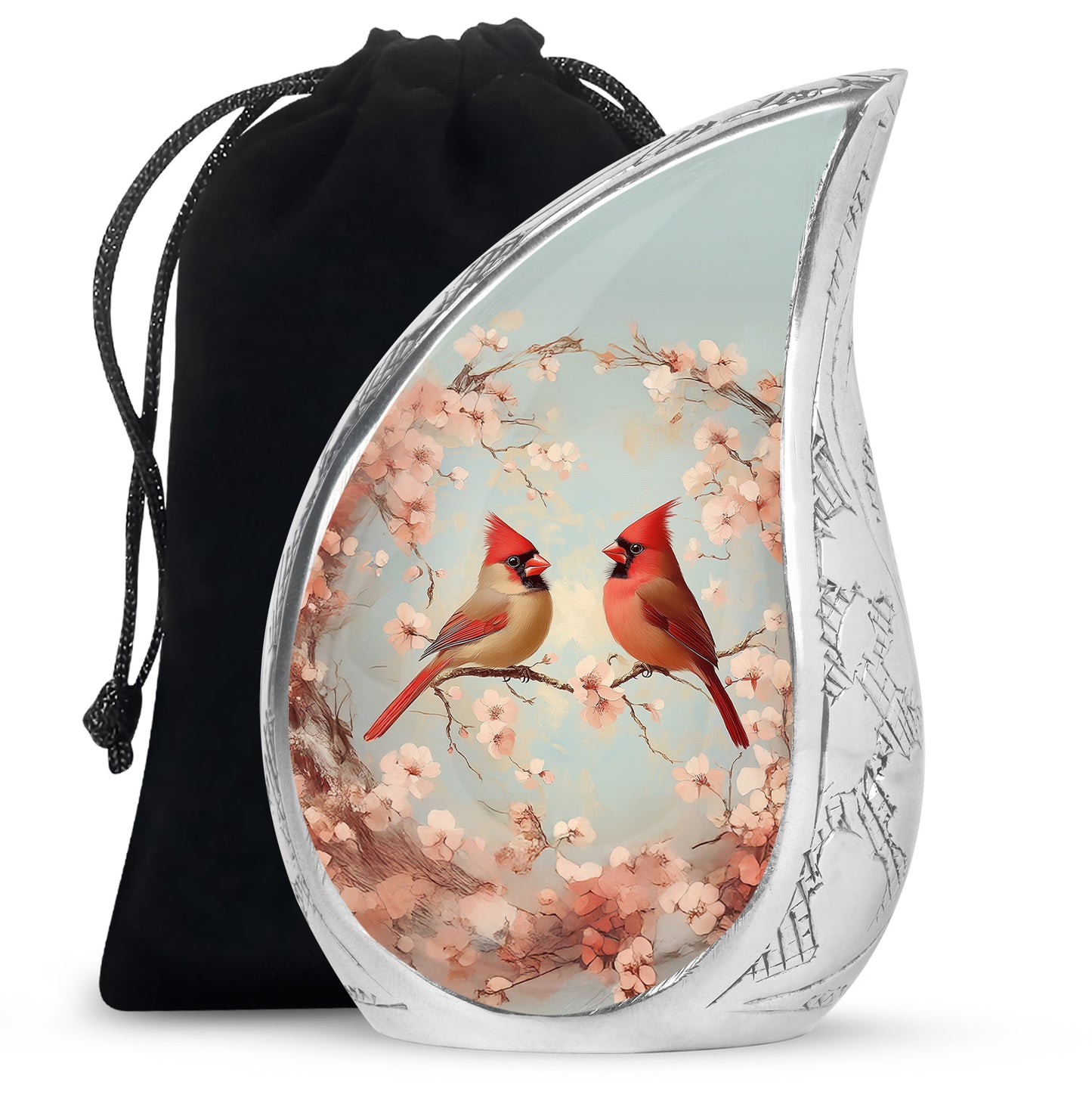 Silver Gray Cardinal Cremation Urn front view showing detailed design - flowing teardrop cardinal silhouette on curved aluminum - full-size 10 inch 200 cubic inch adult cremation urn