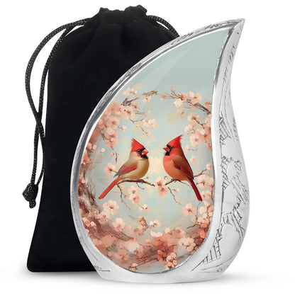 Silver Gray Cardinal Cremation Urn front view showing detailed design - flowing teardrop cardinal silhouette on curved aluminum - full-size 10 inch 200 cubic inch adult cremation urn