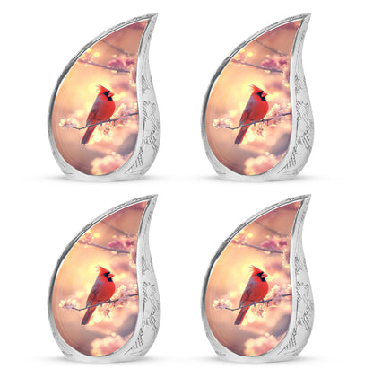 Champagne Gold Cardinal Cremation Urn close-up of engraving and surface detail - rounded teardrop cardinal design with delicate detail - 10 inch aluminum urn for cremated remains