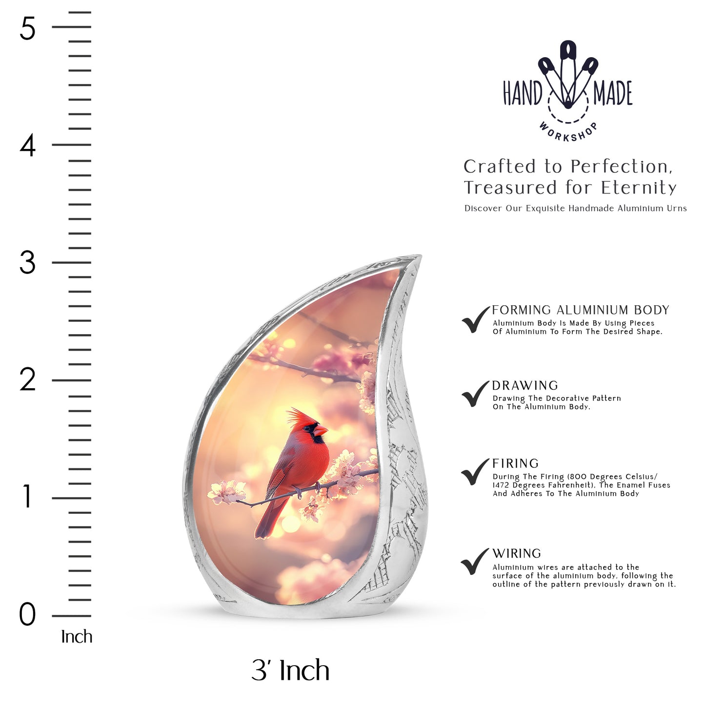 Burnished Gold Cardinal Cremation Urn angled view of lid and engraved motif - smooth teardrop contour featuring cardinal art - mini keepsake memorial for portion of cremation ashes