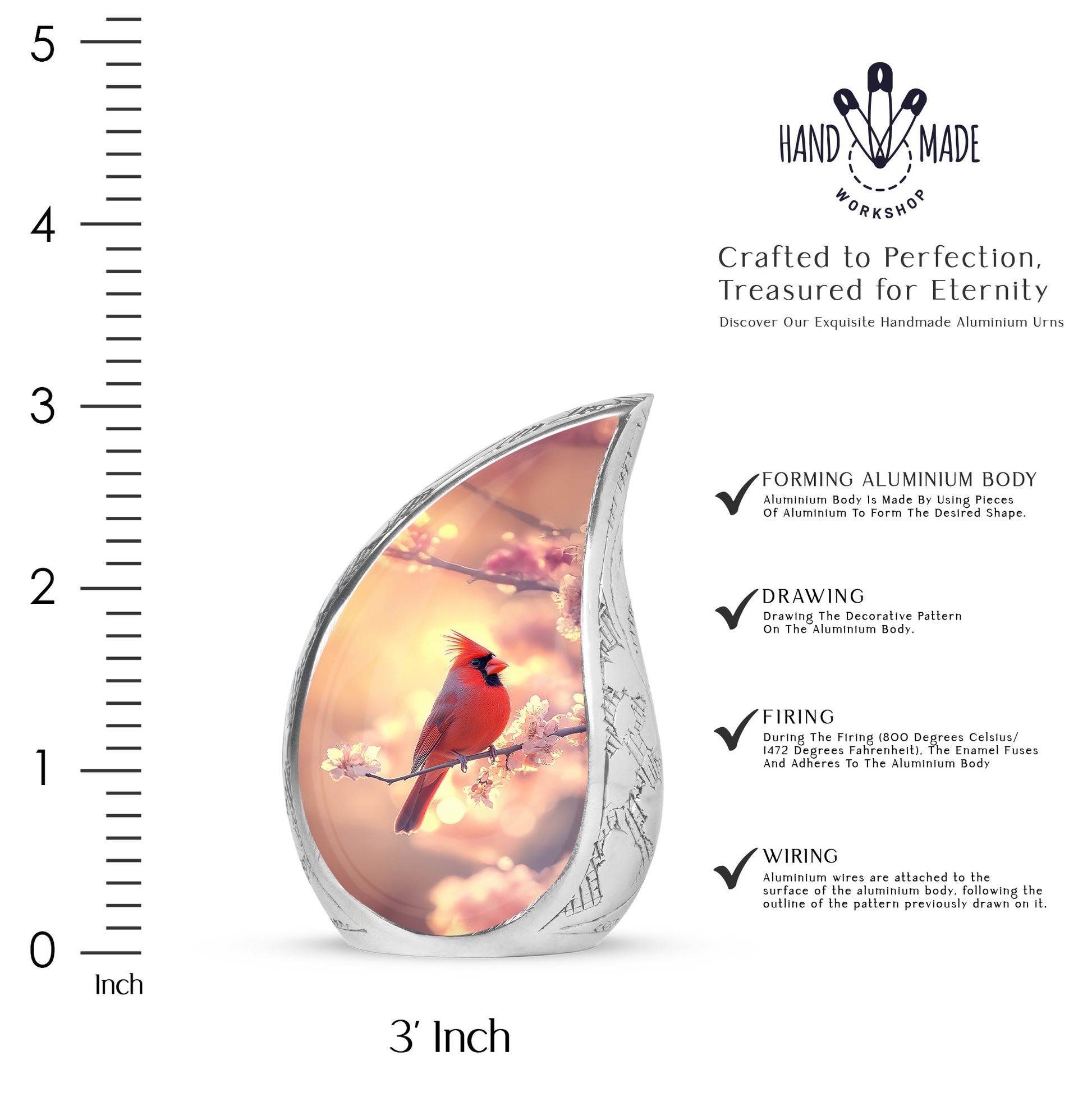 Burnished Gold Cardinal Cremation Urn angled view of lid and engraved motif - smooth teardrop contour featuring cardinal art - mini keepsake memorial for portion of cremation ashes