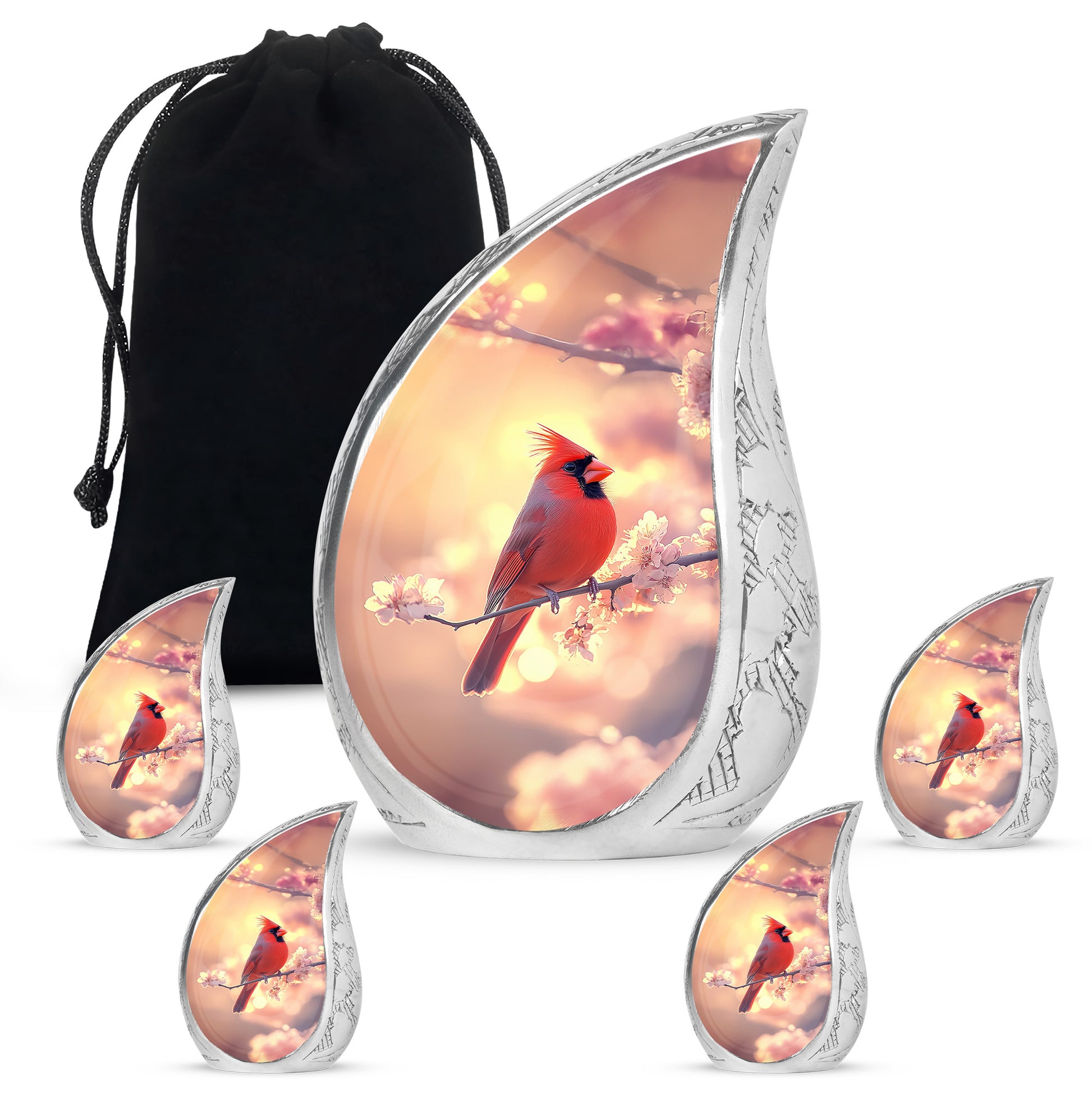 Amber Gold Cardinal Cremation Urn side profile showing urn shape - flowing teardrop cardinal silhouette on curved aluminum - memorial set with one large and four small urns