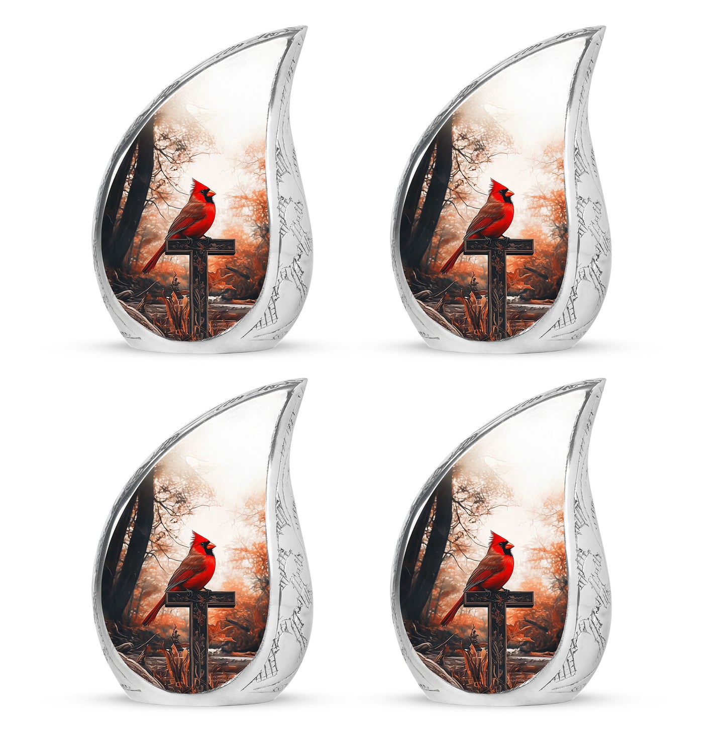 Champagne Gold Cardinal Cremation Urn close-up of engraving and surface detail - flowing teardrop cardinal silhouette on curved aluminum - 10 inch aluminum urn for cremated remains