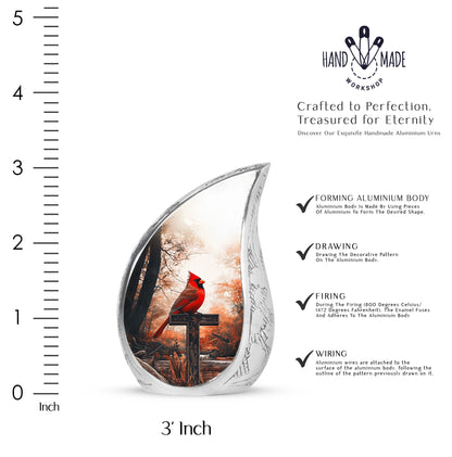 Matte Gold Cardinal Cremation Urn angled view of lid and engraved motif - graceful tear-shaped urn with cardinal motif - mini keepsake memorial for portion of cremation ashes