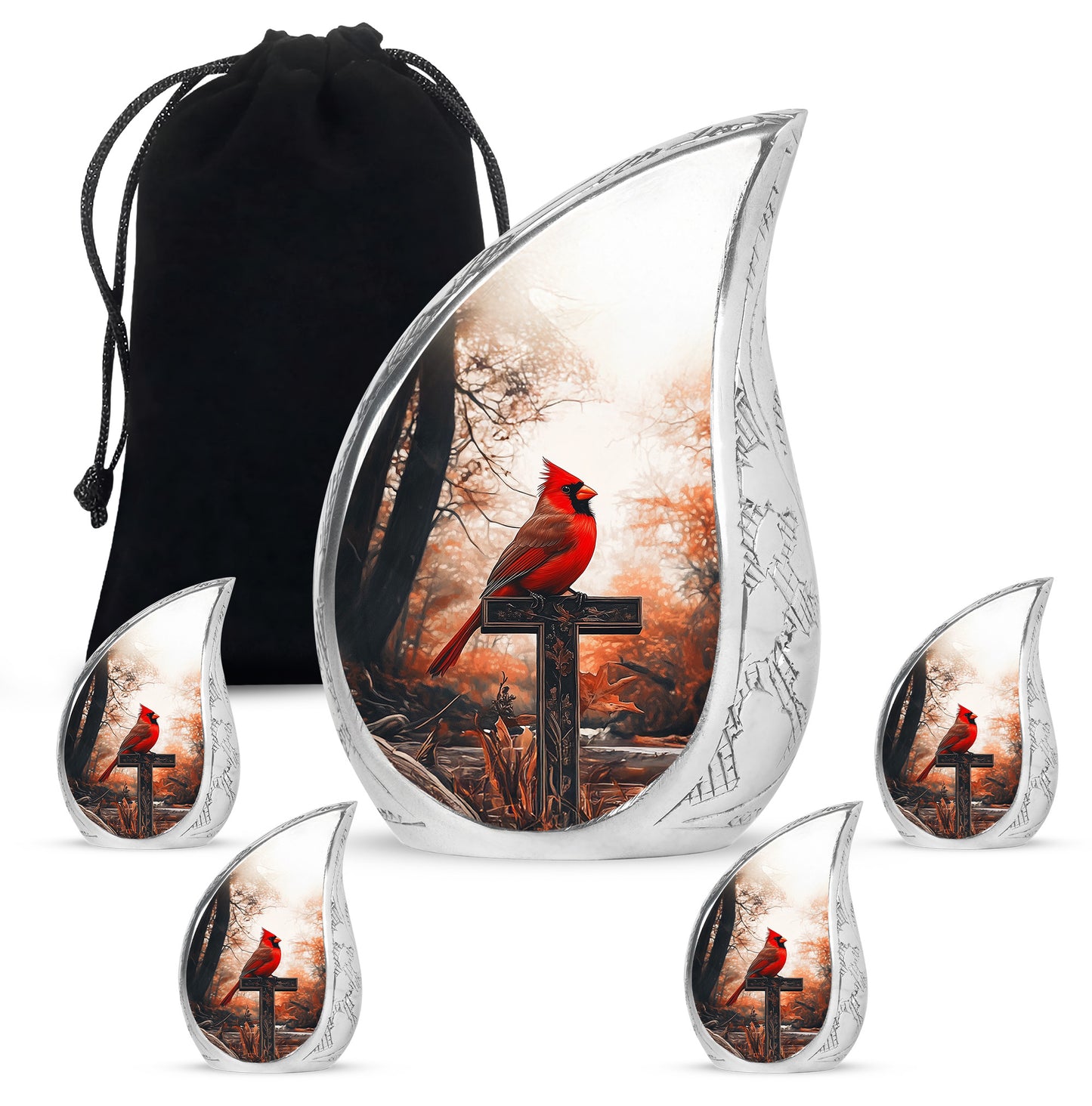 Champagne Gold Cardinal Cremation Urn side profile showing urn shape - rounded teardrop cardinal design with delicate detail - memorial set with one large and four small urns