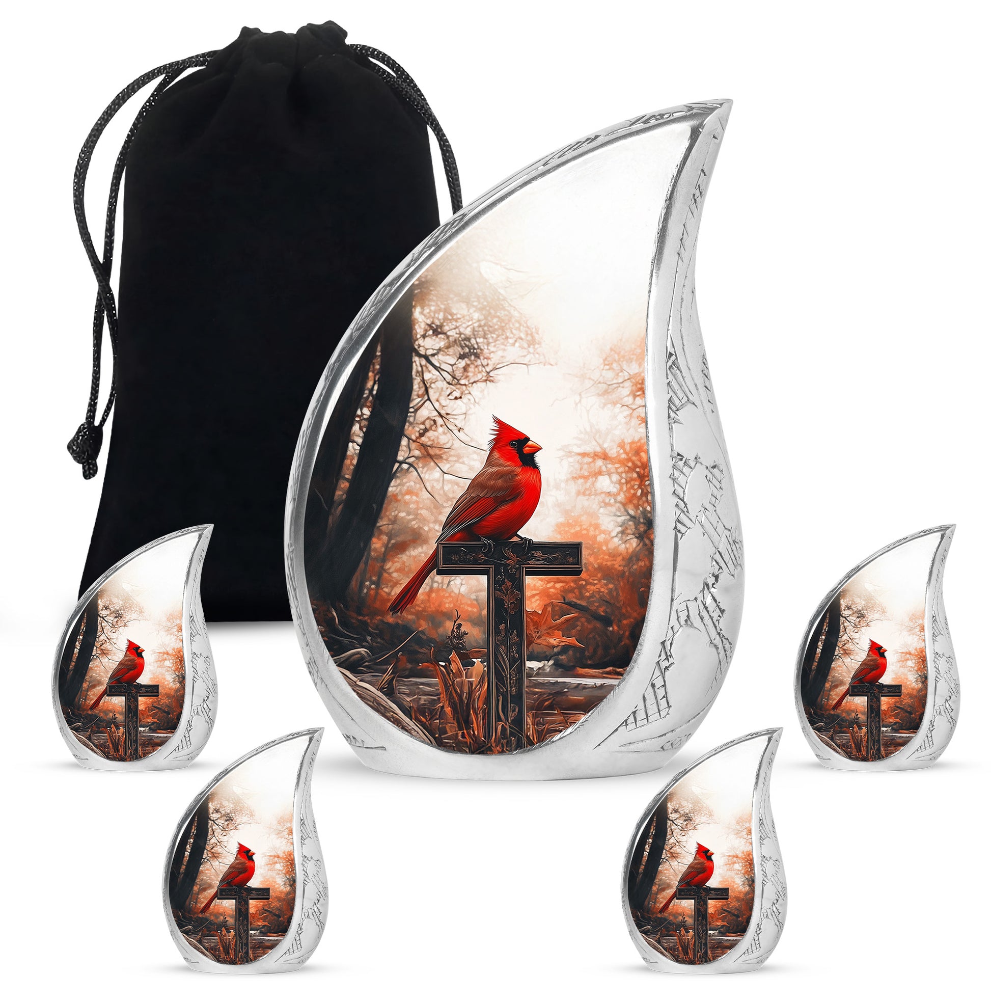 Champagne Gold Cardinal Cremation Urn side profile showing urn shape - rounded teardrop cardinal design with delicate detail - memorial set with one large and four small urns