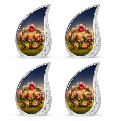 Soft Blue Cardinal Cremation Urn close-up of engraving and surface detail - smooth teardrop contour featuring cardinal art - 10 inch aluminum urn for cremated remains